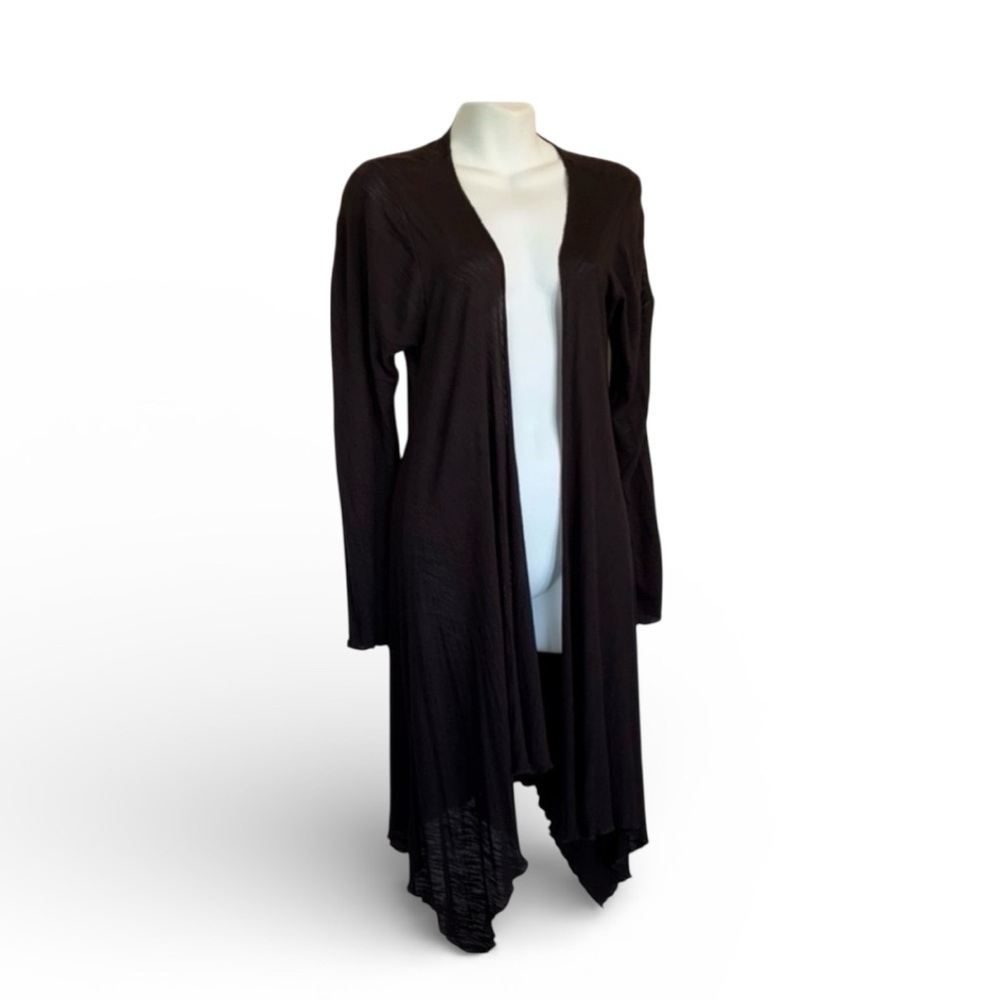 SURVIVAL long black cardigan duster, waterfall front, fluted edges. L